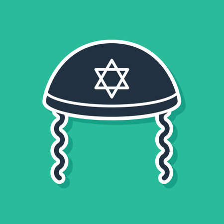 Blue Jewish kippah with star of david and sidelocks icon isolated on green background. Jewish yarmulke hat. Vectorのイラスト素材
