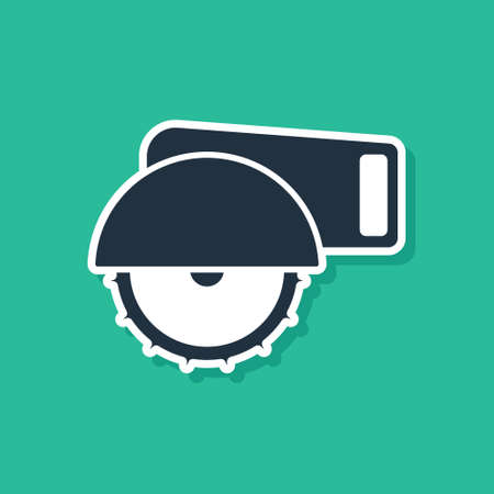 Blue Electric circular saw with steel toothed disc icon isolated on green background. Electric hand tool for cutting wood or metal. Vectorのイラスト素材