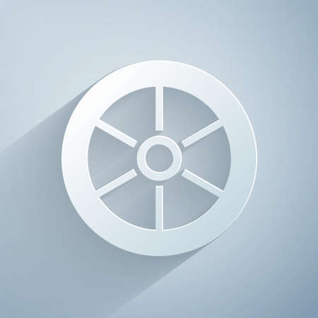 Paper cut Bicycle wheel icon isolated on grey background. Bike race. Extreme sport. Sport equipment. Paper art style. Vectorのイラスト素材