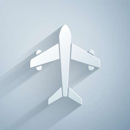 Paper cut Plane icon isolated on grey background. Flying airplane. Airliner insurance. Security, safety, protection, protect concept. Paper art style. Vectorのイラスト素材