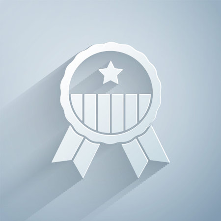 Paper cut Medal with star icon isolated on grey background. Winner achievement sign. Award medal. Paper art style. Vectorのイラスト素材