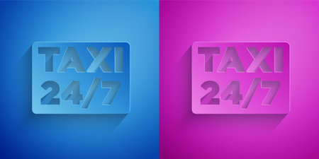 Paper cut Map pointer with taxi icon isolated on blue and purple background. Location symbol. Paper...