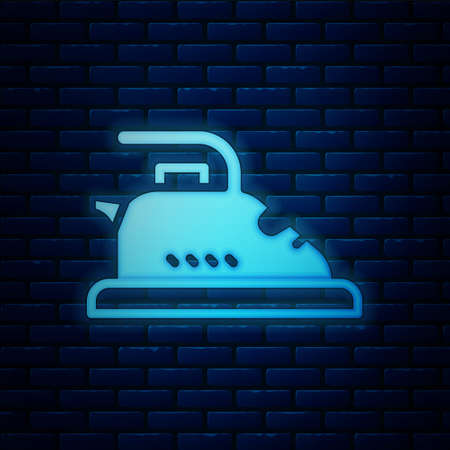 Glowing neon Electric iron icon isolated on brick wall background. Steam iron. Vectorのイラスト素材