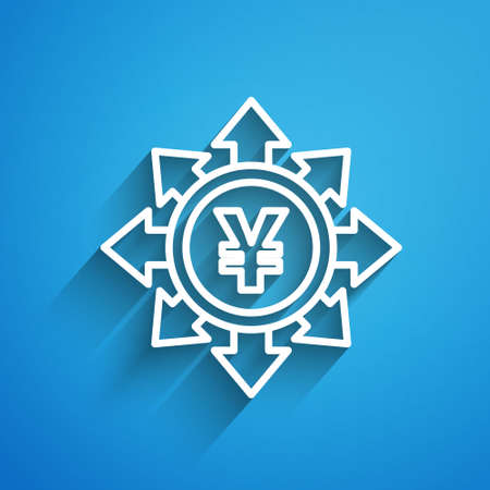 White line Coin money with Yen symbol icon isolated on blue background. Banking currency sign. Cash symbol. Long shadow. Vectorのイラスト素材