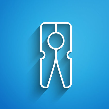 White line Old wood clothes pin icon isolated on blue background. Clothes peg. Long shadow. Vectorのイラスト素材
