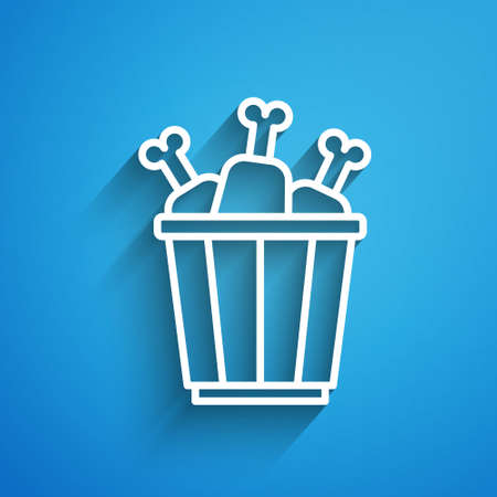 White line Chicken leg in package box icon isolated on blue background. Chicken drumstick. Long shadow. Vectorのイラスト素材