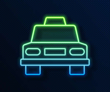 Glowing neon line Taxi car icon isolated on blue background. Vectorのイラスト素材