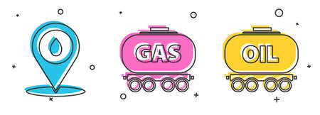 Set Refill petrol fuel location, Gas railway cistern and Oil railway cistern icon. Vectorのイラスト素材