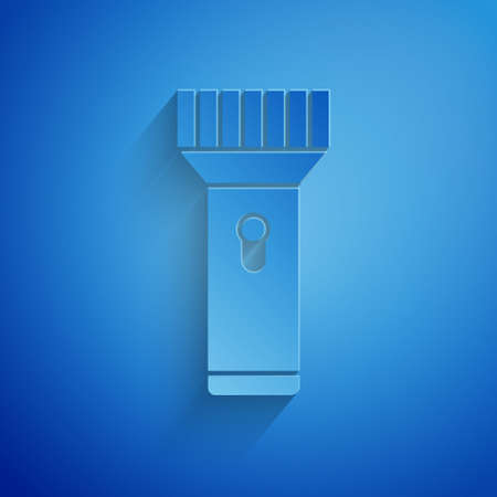 Paper cut Flashlight for diver icon isolated on blue background. Diving underwater equipment. Paper art style. Vectorのイラスト素材