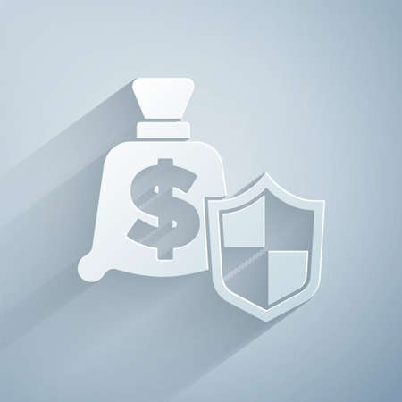 Paper cut Money with shield icon isolated on grey background. Insurance concept. Security, safety, protection, protect concept. Paper art style. Vectorのイラスト素材