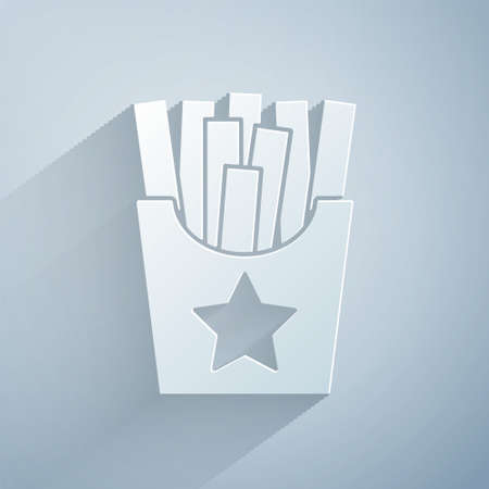 Paper cut Potatoes french fries in carton package box icon isolated on grey background. Fast food menu. Paper art style. Vectorのイラスト素材