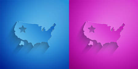 Paper cut USA map icon isolated on blue and purple background. Map of the United States of America. Paper art style. Vectorのイラスト素材