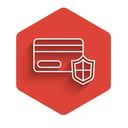 White line Credit card with shield icon isolated with long shadow. Online payment. Cash withdrawal. Financial operations. Shopping sign. Red hexagon button. Vectorのイラスト素材