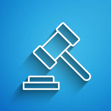 White line Judge gavel icon isolated on blue background. Gavel for adjudication of sentences and bills, court, justice. Auction hammer. Long shadow. Vectorのイラスト素材