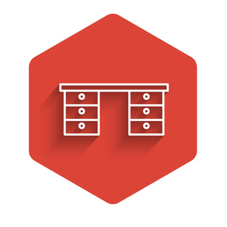 White line Office desk icon isolated with long shadow. Red hexagon button. Vectorのイラスト素材