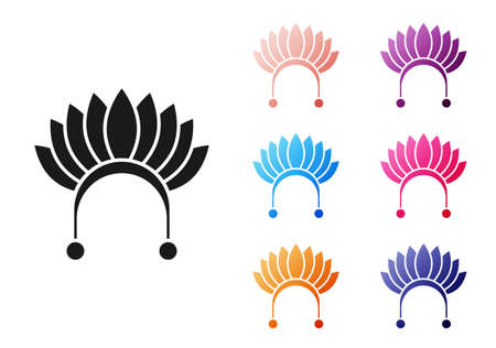 Black Indian headdress with feathers icon isolated on white background. Native american traditional headdress. Set icons colorful. Vectorのイラスト素材