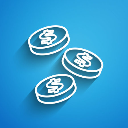 White line Coin money with dollar symbol icon isolated on blue background. Banking currency sign. Cash symbol. Long shadow. Vectorのイラスト素材