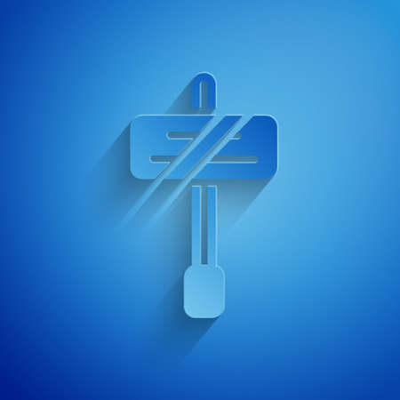 Paper cut Road traffic sign. Signpost icon isolated on blue background. Pointer symbol. Isolated street information sign. Direction sign. Paper art style. Vectorのイラスト素材