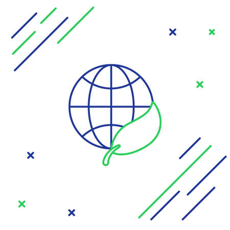 Line Earth globe and leaf icon isolated on white background. World or Earth sign. Geometric shapes. Environmental concept. Colorful outline concept. Vectorのイラスト素材