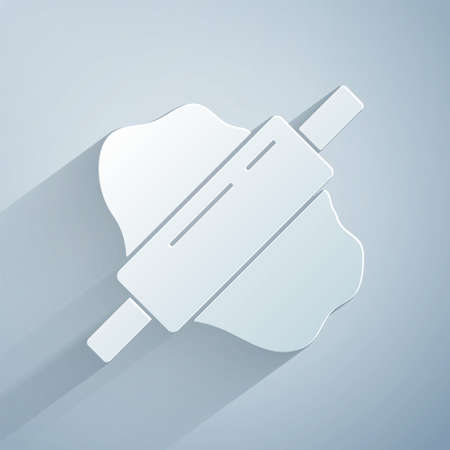 Paper cut Rolling pin on dough icon isolated on grey background. Paper art style. Vectorのイラスト素材