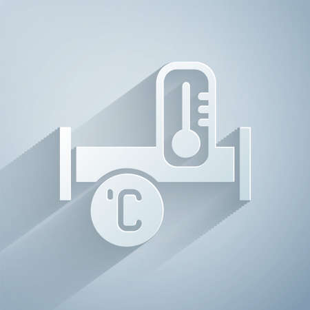Paper cut Industry metallic pipe and temperature icon isolated on grey background. Plumbing pipeline parts of different shapes. Paper art style. Vectorのイラスト素材