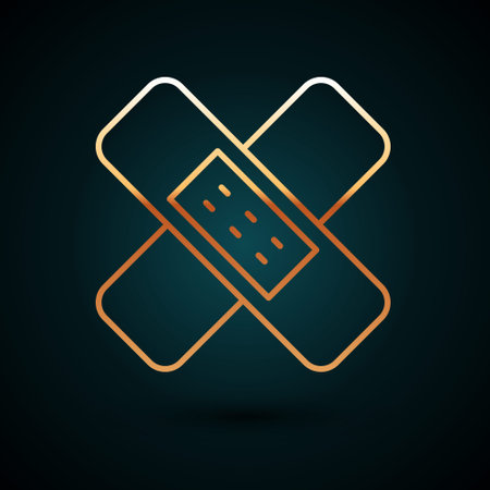 Gold line Crossed bandage plaster icon isolated on dark blue background. Medical plaster, adhesive bandage, flexible fabric bandage. Vector Illustrationのイラスト素材