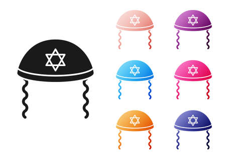 Black Jewish kippah with star of david and sidelocks icon isolated on white background. Jewish yarmulke hat. Set icons colorful. Vectorのイラスト素材