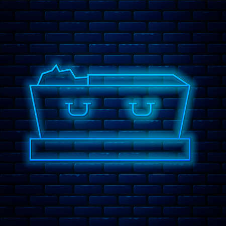 Glowing neon line Open coffin with dead deceased body icon isolated on brick wall background. Funeral after death. Corpse in an open hearse for burial. Vectorのイラスト素材