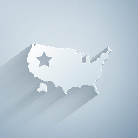 Paper cut USA map icon isolated on grey background. Map of the United States of America. Paper art style. Vectorのイラスト素材