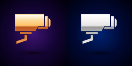 Gold and silver Security camera icon isolated on black background. Vector