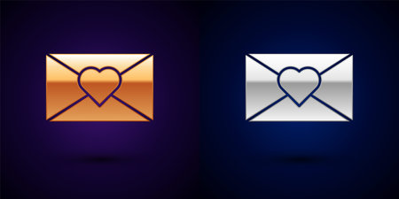Gold and silver Envelope with Valentine heart icon isolated on black background. Message love. Letter love and romance. Vectorのイラスト素材