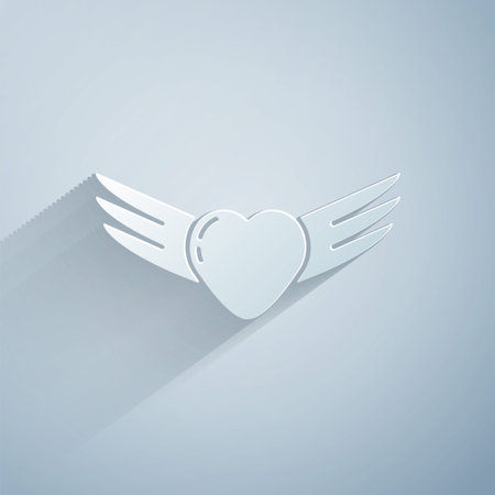 Paper cut Heart with wings icon isolated on grey background. Love symbol. Valentines day. Paper art style. Vectorのイラスト素材