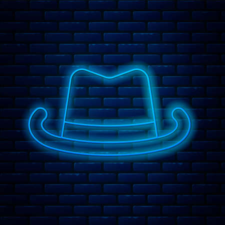 Glowing neon line Western cowboy hat icon isolated on brick wall background. Vectorのイラスト素材