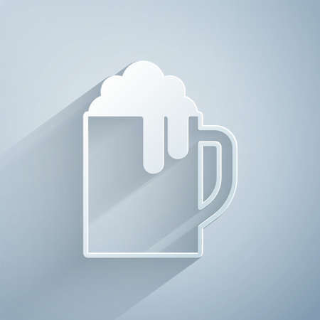 Paper cut Wooden beer mug icon isolated on grey background. Paper art style. Vectorのイラスト素材