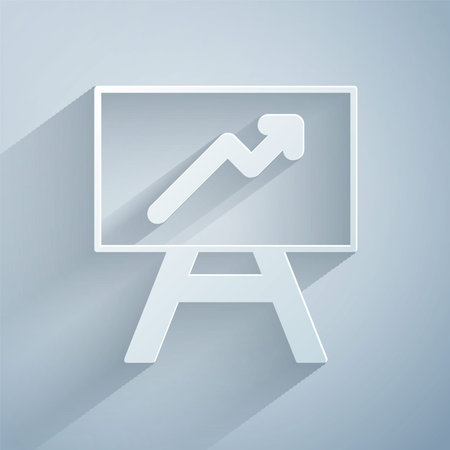 Paper cut Board with graph chart icon isolated on grey background. Report text file icon. Accounting...