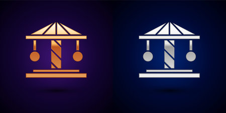 Gold and silver Attraction carousel icon isolated on black background. Amusement park. Childrens entertainment playground, recreation park. Vectorのイラスト素材