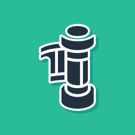 Blue Camera vintage film roll cartridge icon isolated on green background. 35mm film canister. Filmstrip photographer equipment. Vectorのイラスト素材