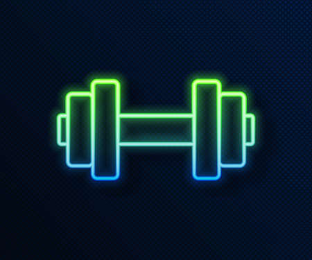 Glowing neon line Dumbbell icon isolated on blue background. Muscle lifting icon, fitness barbell, gym, sports equipment, exercise bumbbell. Vectorのイラスト素材