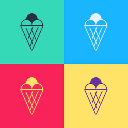 Pop art Ice cream in waffle cone icon isolated on color background. Sweet symbol. Vectorのイラスト素材