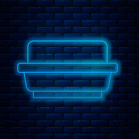 Glowing neon line Butter in a butter dish icon isolated on brick wall background. Butter brick on plate. Milk based product. Natural dairy product. Vectorのイラスト素材