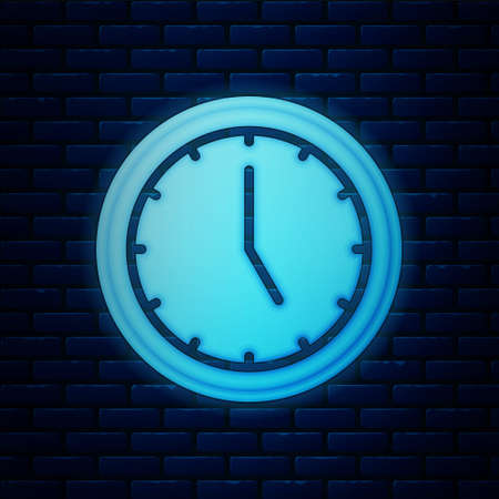 Glowing neon Clock icon isolated on brick wall background. Time symbol. Vectorのイラスト素材