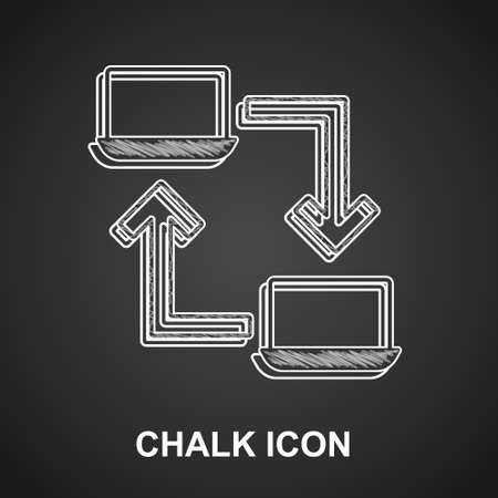 Chalk Online working icon isolated on black background. Freelancer man working on laptop at his house. Remote work. Distant job concept. Vectorのイラスト素材