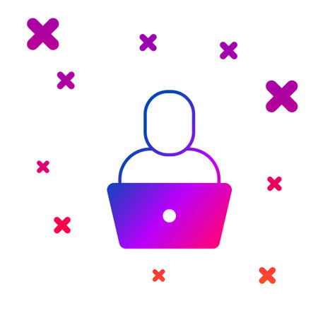 Color Freelancer icon isolated on white background. Freelancer man working on laptop at his house. Online working, distant job concept. Gradient random dynamic shapes. Vectorのイラスト素材