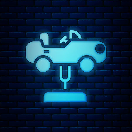 Glowing neon Swing car on the playground icon isolated on brick wall background. Childrens carousel with car. Amusement icon. Vectorのイラスト素材