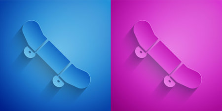 Paper cut Skateboard trick icon isolated on blue and purple background. Extreme sport. Sport equipment. Paper art style. Vectorのイラスト素材