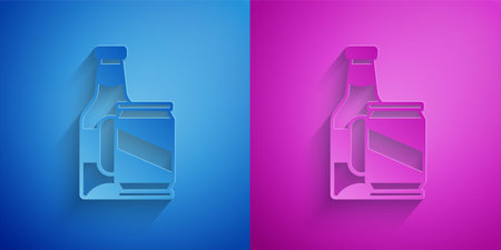 Paper cut Beer bottle and beer can icon isolated on blue and purple background. Paper art style. Vectorのイラスト素材