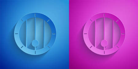 Paper cut Wooden barrel icon isolated on blue and purple background. Alcohol barrel, drink container, wooden keg for beer, whiskey, wine. Paper art style. Vectorのイラスト素材