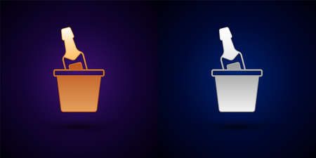 Gold and silver Bottle of champagne in an ice bucket icon isolated on black background. Vectorのイラスト素材