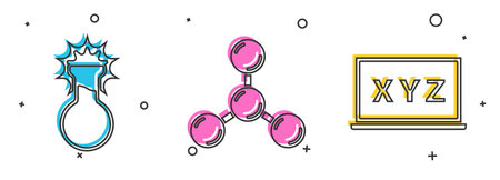 Set Test tube and flask, Molecule and XYZ Coordinate system icon. Vector