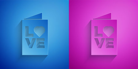 Paper cut Valentines day party flyer icon isolated on blue and purple background. Celebration poster template for invitation or greeting card. Paper art style. Vectorのイラスト素材